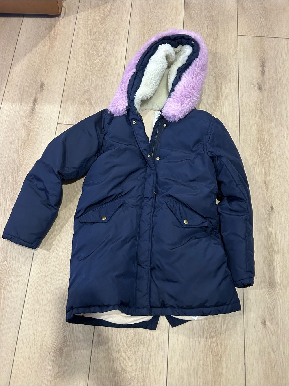 J. Crew Navy Puffer Jacket with Lilac Faux-Fur Hood Trim